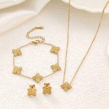 1 Set Luxury Rhinestone Inlaid 18K Gold Plated Clover Bracelet, Necklace, Earrings Jewelry Set, Suitable For Women's Daily Wear - Gold - View 2
