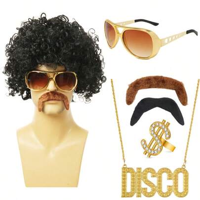 Conjunto de accesorios de peluca estilo punk rock - Peluca de fibra de moda para disfraz de estrella de rock de heavy metal, apto para fiestas de Halloween y Navidad - Incluye tipos de cabello rizado como peluca disco hippie corta rizada, gafas de sol disco, bigote y collar de cadena de oro artificial