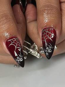 VV MEI JIA ER 24 móng tay giả hình hạnh nhân chủ đề Halloween, dụng cụ làm móng nghệ thuật kinh dị, các mẫu Halloween (Ma, Phù thủy, Ma cà rồng, Máu, Mạng nhện) + 1 lọ gel dẻo + 1 dũa móng - Đỏ - Xem 3