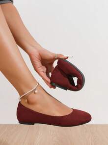 1 Pair Women's Faux Suede Microfiber Ballet Flats - Multi - Color Slip - On Round Toe Flats For Casual Daily Wear, Office & Weekend Outings - Burgundy - View 3