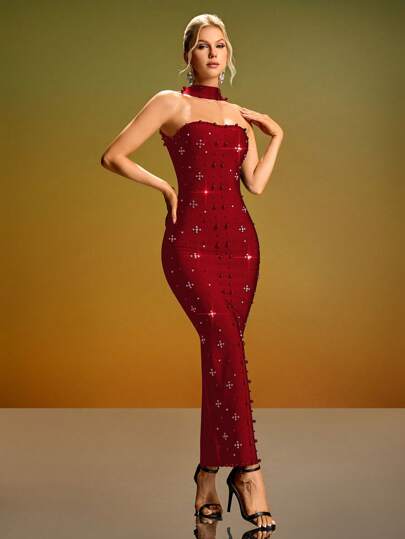 فستان سهرة رسمي أنيق غير متماثل مطوي بالراين ستون للحفلات والزفاف