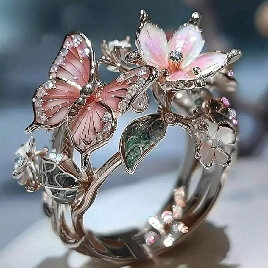 Delicate Shiny Droplet Oil Butterfly Ladies Open Ring Fashion Women's Wedding Ring Jewelry - 金的 - 查看 1