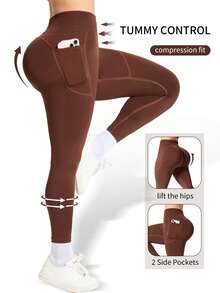 The Combination Of A Two-Piece Plus-Size Women's Cross-Strap Bra And Pocket Leggings Is Suitable For Outdoor Hiking. It Is Comfortable And Lightweight, And The Pocket Design Makes It Convenient To Carry A Mobile Phone - 棕色+棕色 - 查看 10