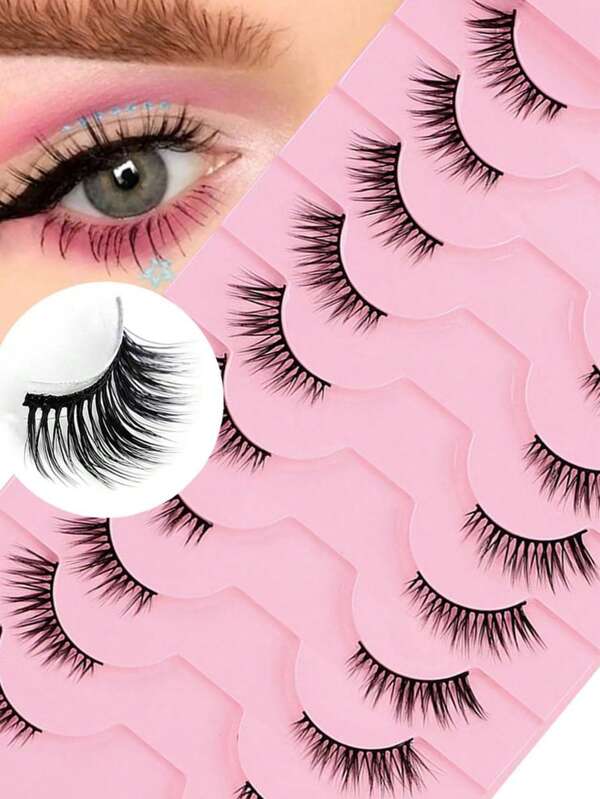 10 paires de faux cils demi-yeux, faux cils en forme d'œil de chat 3D, bouclés, doux et naturels, convenant pour le maquillage quotidien (BY09)
