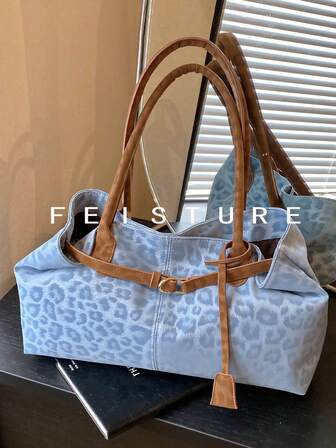 1pc FEISTURE Leopard Print Color Block Large Capacity Tote Bag, Fashion Strap Decor Shoulder Bag, Magnetic Closure, Suitable For Daily Outing, Dating, Commuting, Bags For Ladies Fashionable