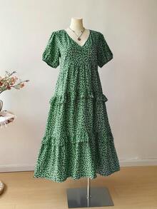 Rusttydustty Đầm ngắn tay bèo nhún màu xanh dương kiểu bohemian họa tiết hoa nhí dành cho nữ cỡ lớn, thích hợp cho kỳ nghỉ hè, thanh lịch. - màu xanh lá - Xem 4