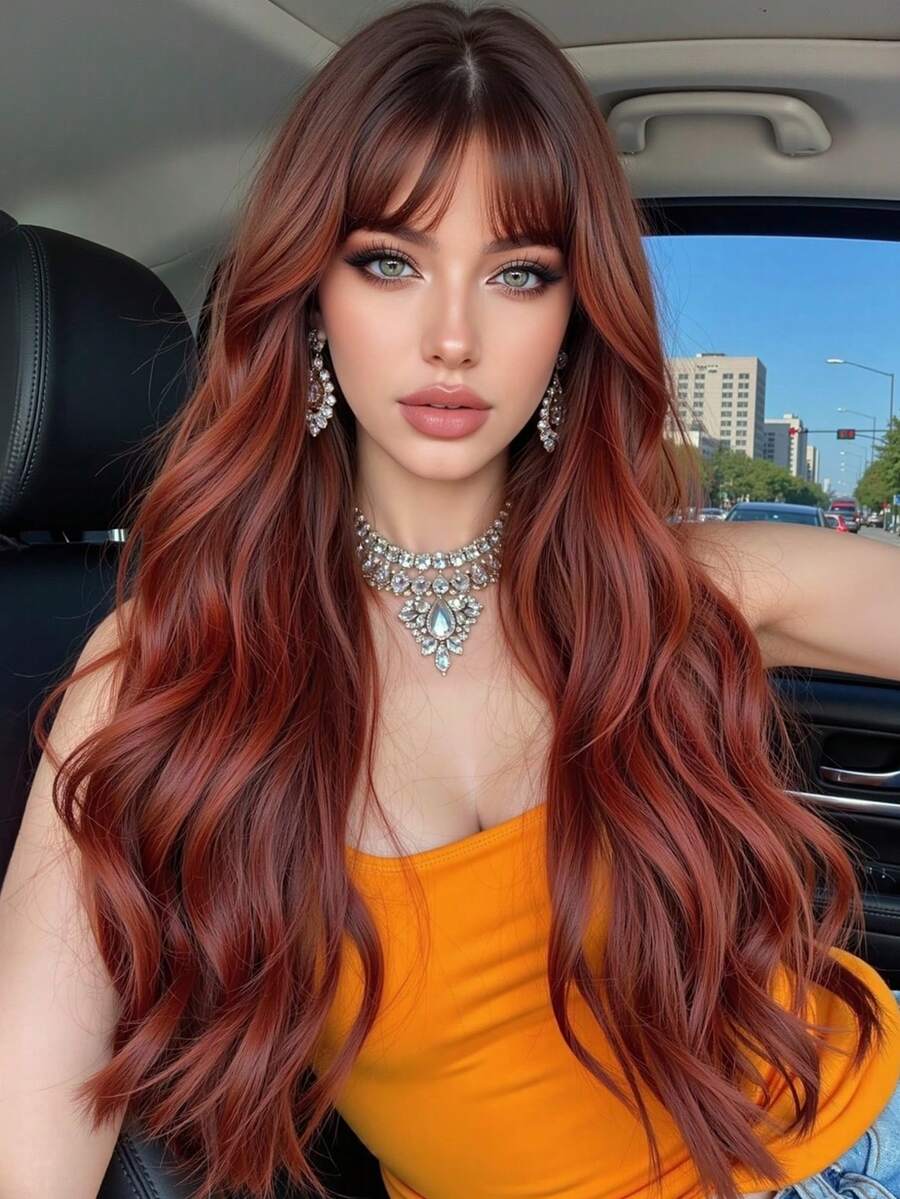 Wigs For Women Daily Cosplay Party Natural Heat Resistant Ombre Red Brown Long Wavy Synthetic Wigs With Bangs Copper Orange Hair Wigs For Women Wig For Daily Party Use For Women Daily Party Cosplay,Vacation Travel Family Party Everyday Wear,Gifts For Girlfriends,Beauty Christmas Gifts - 漸層紅色 - 查看 1