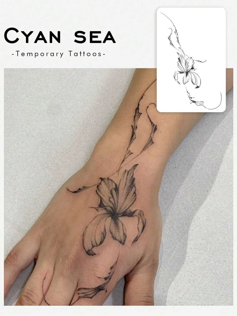 Waterproof, Sweat-Proof, Washable Temporary Tattoo Sticker - 1 Piece. Unique And High-End Design, Inked Floral Vines As Tattoo Designs. Fashionable Plant And Flower Patterns. Suitable For People For Daily Use. - Black - View 1