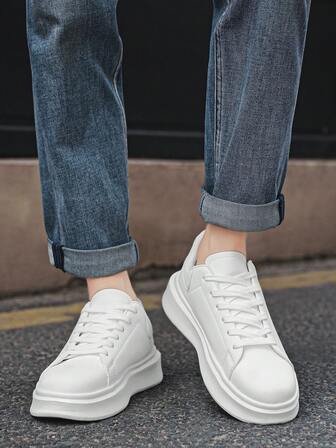 Men's White Lace-Up Casual Skateboard Shoes, Outdoor Korean Fashion Daily Elevator Sports Walking Sneakers, Couple Shoes