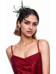 Fascinators Hats Women,Tea Party Fascinator Hair Clip With Feathers Wedding,Derby Hats Headbands - Style2-黑色 - 查看 2