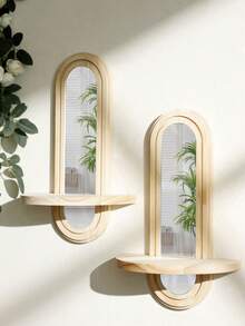 1Pc Arch Wall Shelf With Acrylic Mirror Wood Floating Storage Shelves Modern Minimalist Wall-Mounted Display Rack For Living Room Bedroom Bathroom Kitchen Home Decor Organizer Geometric Wall Mounted Shelves, Wood Floating Shelves, Rustic Wood Shelves For Wall Storage, Wall Mounted Wooden Display Shelf For Bedroom Kitchen, Floating Shelves For Wall Shelf Over Toilet Small Wall Mounted Farmhouse Decor - Mirror Geometric Style - View 7