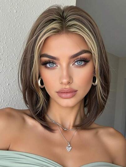 12 英寸浅金色深色发根和白色、黑色彩色中分短直发漂亮日常使用女士假发合成假发。角色扮演白色彩色合成假发女士高温假发中分直发假发假日日常时尚风格合成假发编织假发适合万圣节和圣诞节