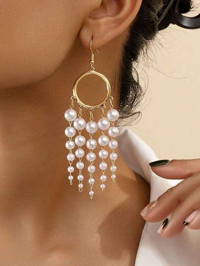 A Pair Of Temperament Faux Pearl Handmade Chain Tassel Holiday Style Earrings (No Gift Box)