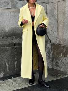 Abrigo largo recto de mujer de color amarillo mostaza sólido, versátil para uso diario, ir a la oficina y varias ocasiones, otoño/invierno - Amarillo - Ver 7
