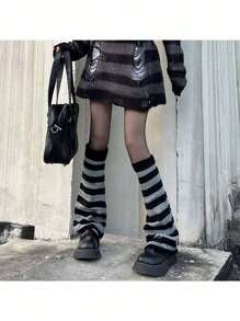 1 Pair Women's Halloween Striped Contrast Color Leg Warmers, Reversible Gothic Style Skull Design Leg Sleeves, Versatile Costume Leg Warmers Winter Women