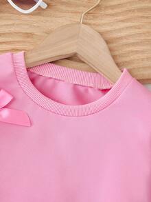 2件套少女可爱粉色蝴蝶结上衣和休闲蝴蝶结雪花牛仔裤套装，秋冬新款 - 粉色 - 查看 3