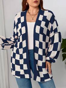 Plaid Round Neck Casual Long Sleeve Plus Size Knit Cardigan - Royal Blue - View 4