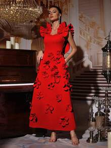 全新优雅 3D 花卉装饰时尚荷叶边无袖连衣裙，女士长款正式礼服，适合婚礼宾客、伴娘、派对、晚会 - 紅色 - 查看 4