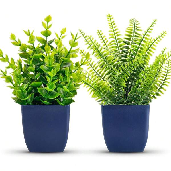 Der Rose 2 Pack Fake Plants Small Artificial Plants In Blue Pots Faux Plants Indoor For Home Room Bathroom Living Room Decor