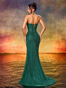 女士甜心领串珠礼服，优雅单肩鱼尾裙，适合正式晚宴、派对、颁奖典礼、婚礼等场合。 - 墨綠色 - 查看 4