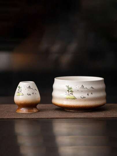 Um conjunto de 1/2 peças de tigela redonda de cerâmica Matcha de 550 ml com batedor, com padrões de montanhas e árvores que não desbotam, é bonito, durável e fácil de transportar. É adequado para viagens ao ar livre e ocasiões de lazer, bem como para entusiastas da arte do chá, uso diário em cozinhas e restaurantes. Pode ser usado como presente para amigos, namorados, namoradas e para o Dia das Mães.