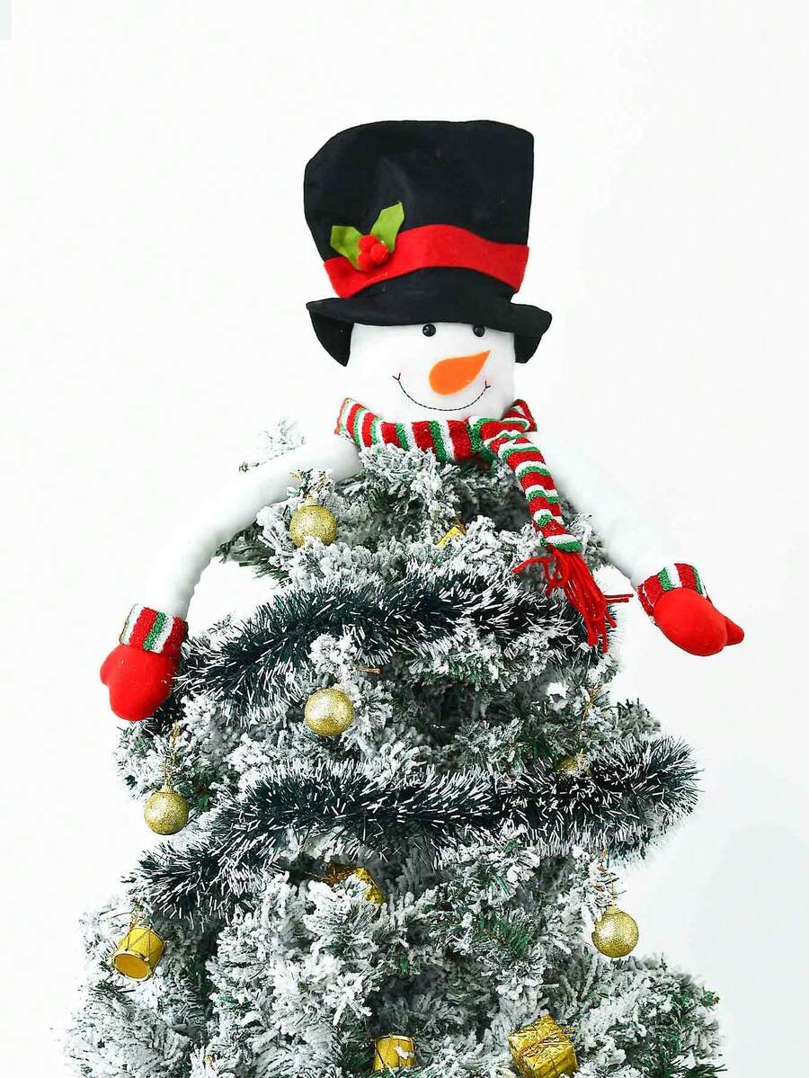 1 Set Of 17pcs, 1pc Snowman Christmas Tree Top Decoration Plus 1pc Red And White Wool Strips Plus 15pcs Golden Christmas Tree Decoration Pendant For Christmas Party Decoration Supplies