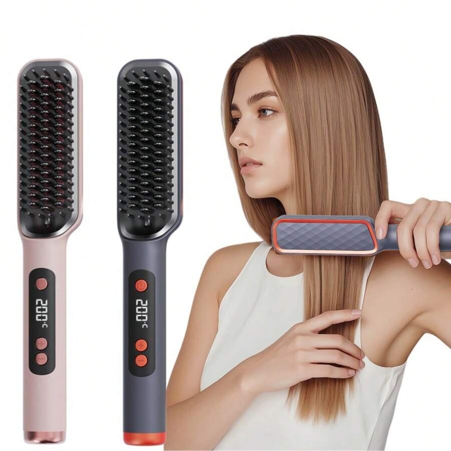 2-In-1 Hair Straightener & Curler, Multi-Function Hair Straightening Brush, Straight & Curly Dual-Use Hair Styler, Anti-Scald & Auto-Off, 4 Heat Settings Fast Heating, Portable Travel & Home Hair Styling Brush, Women's Holiday Gift