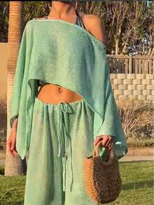 Women Sequin Shiny Glitter Knit Poncho Off Shoulder See-Through Crochet Cape Sheer Shrug Lightweight  Summer Holiday Beachwear Sheer Mesh Swimsuit Bikini Cover Ups Poncho Top Shawl - 藍色 - 查看 2