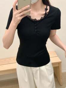 夏季新款蕾丝拼布休闲修身T恤 - 黑色 - 查看 2