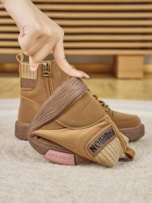 Women's Flat Lace-Up Fashion Western Boots, Lightweight Soft Sole Durable Outdoor Casual Side Zipper Ankle Boots, Autumn/Winter