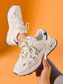 1 Paar atmungsaktive Laufschuhe mit dicker Sohle, Luftpolster und Schnürung, Hoher Schaft, Weiche Sohle, Lässig Sportschuhe, Plateau Sneaker, Mesh Schuhe