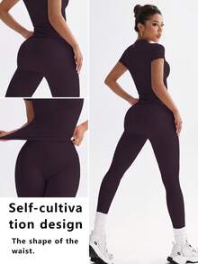 FWH Conjunto de dos piezas de ropa deportiva juvenil de campus: top de unicolor lindo, con cuello redondo, elástico y ajustado; y pantalón de cintura alta, ceñido, casual, de control de abdomen, elegante, versátil, ideal para baile, running, yoga y uso diario.