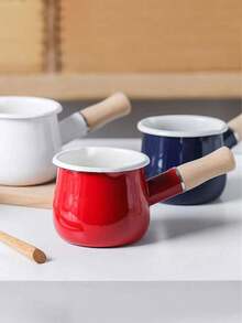 1pc 4-Inch Mini Enamel Milk Pot And Butter Warmer - Wooden Handle Small Skillet, Perfect For Heating Small Liquid Portions, White, Kitchen Essential | Stylish Kitchenware | Durable Enamel With Insulated Wooden Handle, Dual Spouts, Adorable Food Warmer, Mini Butter Pot Baby Food Pot Can Be Used For Frying And Cooking, Dual Spout, Mini Insulated Cute Stew Pot, Ideal For Heating Small Liquid Portions