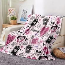 1pc Nightmare Before Christmas  Flannel Blanket - Soft Pink With Black & White Halloween Print, Cozy All-Season Throw For Sofa, Bed, Office & Camping, Machine Washable Gift For Fans, Blanket - 40*50英寸 - 查看 1