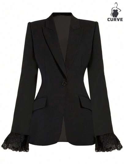 Women's Elegant Black Solid Color Lace Patchwork Blazer