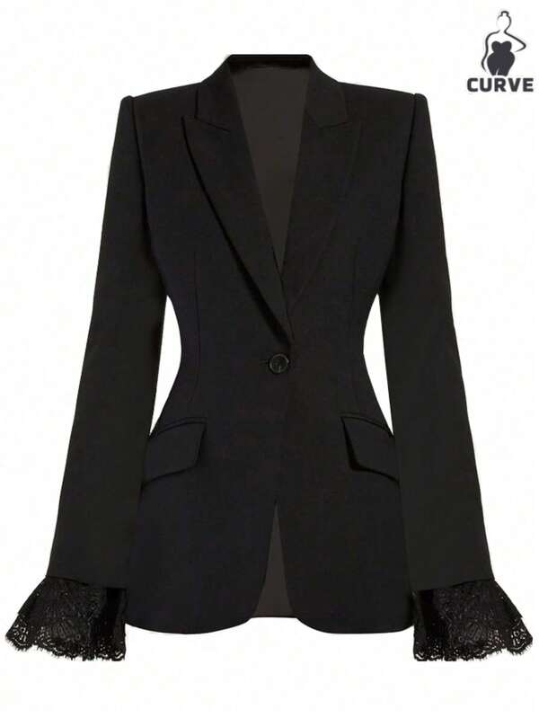 Women's Elegant Black Solid Color Lace Patchwork Blazer