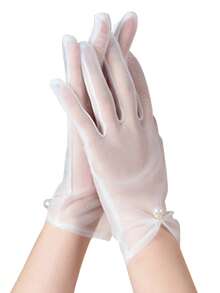 1 双蕾丝蝴蝶结新娘手套仿珍珠乳白色短款手指手套蕾丝立体刺绣优雅下午茶舞会礼服配饰照片道具情人节情人