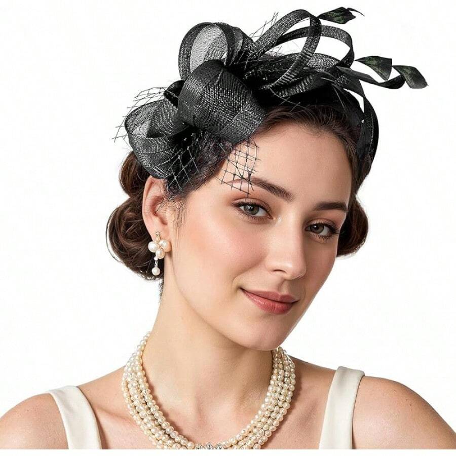Fascinators Hats Women,Tea Party Fascinator Hair Clip With Feathers Wedding,Derby Hats Headbands - Ha9461-黑色 - 查看 1