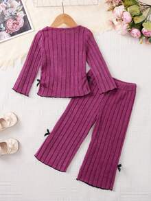 2 piezas Conjunto de sudadera y pantalones de unicolor acanalado informal para niñas, diseño lindo con lazo, suave y dulce, para otoño/invierno