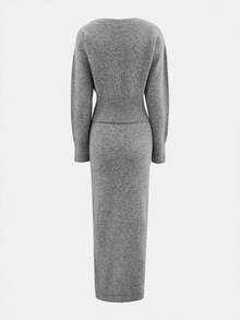 Damen Einfarbiges figurbetontes Crop Top mit V-Ausschnitt + lange Maxi Rock gestricktes Zweiteiler Kleid Set