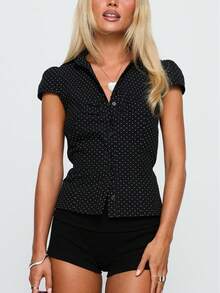 Women Y2k Button Down Shirt Top Tie Back Blouse Cap Sleeve Lapel Ruched Front Slim Fit T Shirts Crop Tops Summer Casual Going Out Tops Vintage Aesthetic Clothes Retro Blouse Streetwear - Nhiều màu - Xem 1