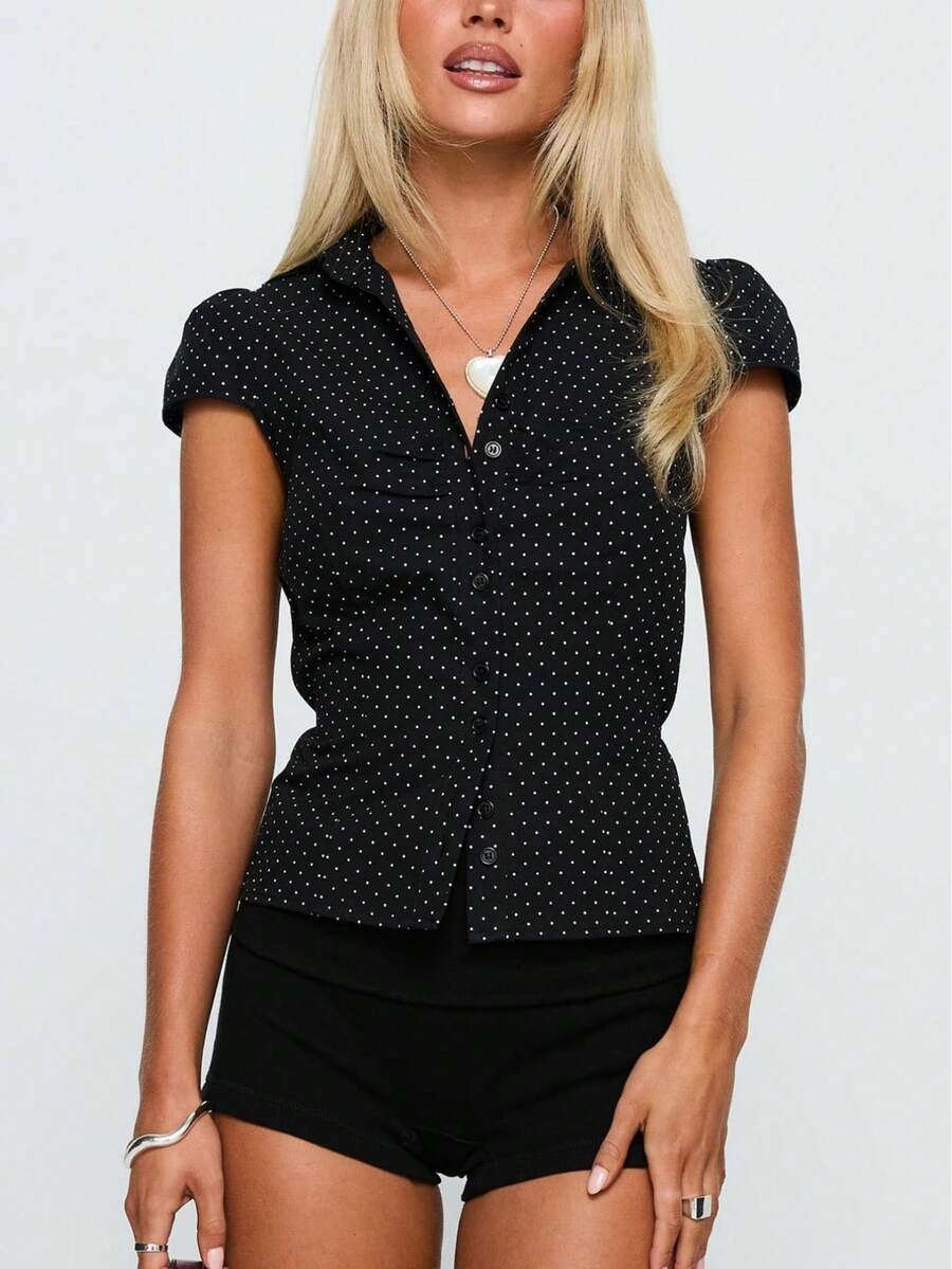 Women Y2k Button Down Shirt Top Tie Back Blouse Cap Sleeve Lapel Ruched Front Slim Fit T Shirts Crop Tops Summer Casual Going Out Tops Vintage Aesthetic Clothes Retro Blouse Streetwear - Nhiều màu - Xem 1