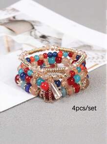 4 件女孩波西米亚多层串珠手链流苏百搭简约手链