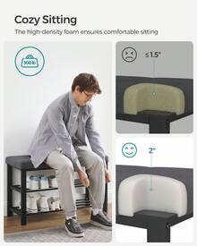 SONGMICS Shoe Bench, Storage Bench, Entryway Bench With Cushion, Shoe Shelf With Seat, Storage Organizer With Foam Padded Seat Linen Metal Frame For Living Room, Space-Saving, Modern Style, For Living Room, Bedroom, Hallway - 深灰色和墨黑色 - 查看 3