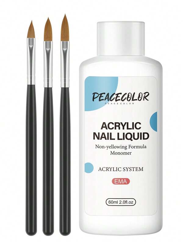 peacecolor 60ML Acrylic Nail Liquid Monomer & 3PCS Acrylic Nail Brush, Acrylic Liquid System, Nail Supplies For Women DIY Salon Christmas Gift