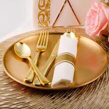 10/25/30/75/150件金色塑料餐具，一次性金色餐具套装，塑料餐具套装。10把金色叉子，10把金色勺子，10把金色刀子，适用于婚礼、派对、生日、节日等场合。 - 金色 - 查看 10