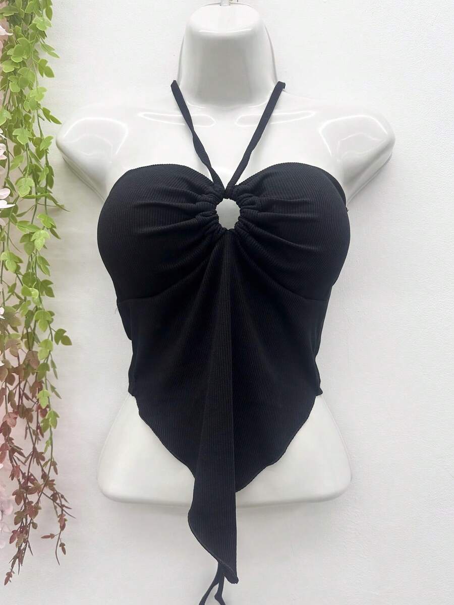 Cropped Top With Padding, Women's Fashion - 黑色 - 查看 1