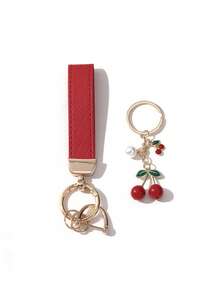 1pc Unisex Red Plaid Keychain + Cute Cherry Charm Zinc Alloy Minimalist Style Leather Cord Keyring Suitable For Various Keys And Car Keys + Black Stainless Steel Tag With "Drive Safely" Warning Message, A Small Gift For Family And Friends