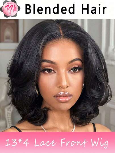 Pelucas mezcladas: una mezcla de cabello humano mezclado y sintético, bob corto de onda corporal 13x4, peluca frontal de encaje de cabello humano mezclado de 13x4 para mujeres, con línea de nacimiento natural pre-arrancada, color natural de cabello humano mezclado, densidad del 180% de cabello mezclado (bob de 8-16 pulgadas)