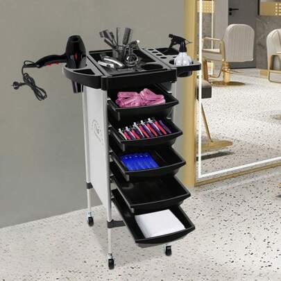 Carrito de mano para peluquería de 6 niveles con 5 cajones, color negro
